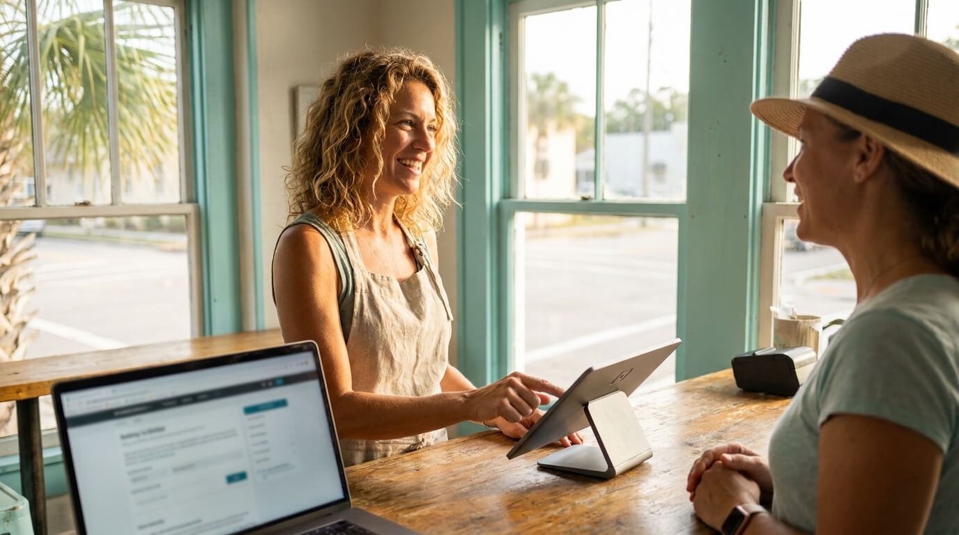 A small business owner helping a customer at a sunlit café counter